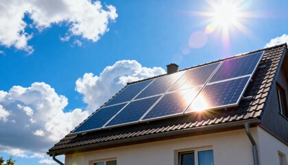 Solar panels on residential house roof against blue sky and sun, renewable energy concept