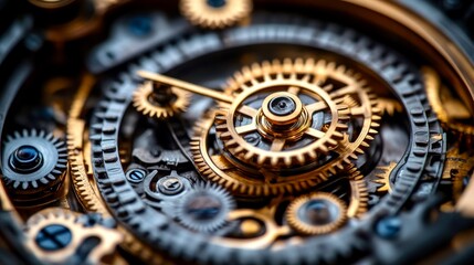 Intricate close-up of antique clock gears showcasing precision and symmetry in mechanical timepieces with golden cogs