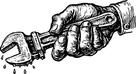 Hand holding a wrench tool for plumbing repair. Detailed vintage vector illustration with black and white texture.