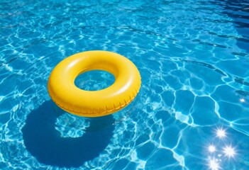 Yellow inflatable swimming ring floating in blue swimming pool water, summer vacation concept