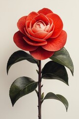 Red Camellia Flower Close Up Pixelated Style Light Beige Background