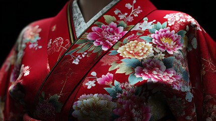 Close up of a red kimono with floral embroidery featuring pink and yellow flowers on a dark background