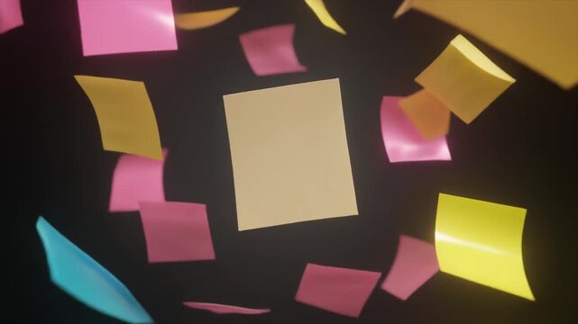 Colorful sticky notes falling and scattered against a dark background.