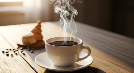 Steaming Cup of Hot Coffee on a Wooden Table with Croissant and Morning Sunlight