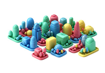 A vibrant collection of colorful plastic sandcastle molds and toy building shapes, arranged like a miniature city, isolated on white background