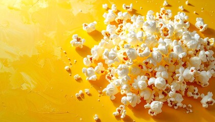 “Freshly popped popcorn on bright yellow surface with warm abstract background.”