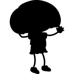 Silhouette of a cartoon character with a large head and simple body wearing a dress and holding one hand up against a white background