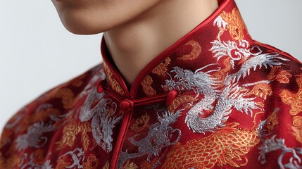 Close up of a red chinese tang suit with dragon embroidery and a mandarin collar on a person neck
