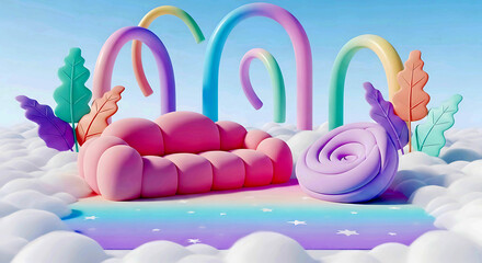 Whimsical 3d scene with a pink sofa, purple snail sculpture, and colorful pastel arches, adorned with leaves on clouds and a rainbow base, creating a dreamy fantasy