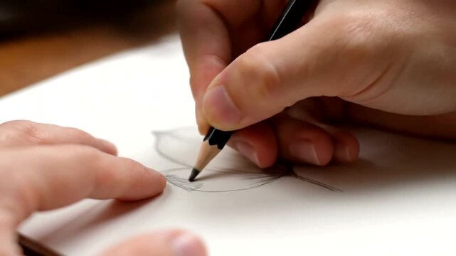 Close-up of person sketching flower with pencil on white paper showcasing artistic creation process