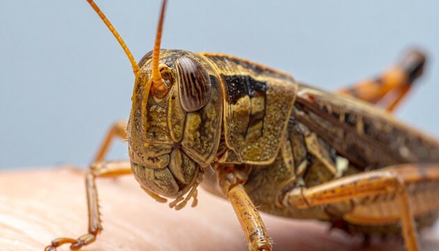 “Detailed close-up of a vibrant grasshopper on white background.”