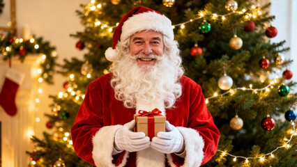Santa Claus stands joyfully holding a wrapped gift. Background features a beautifully decorated Christmas tree surrounded by warm lights