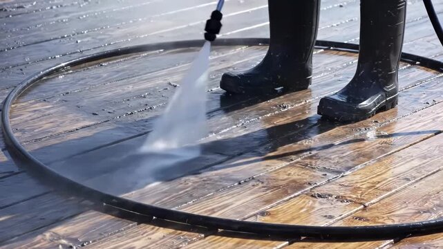Power washing a wooden deck with a highpressure cleaner for maintenance