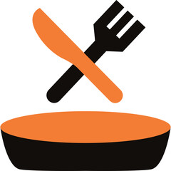Orange Plate with Crossed Fork and Knife Simple Icon Food Service Restaurant Dining Meal Utensil Symbol