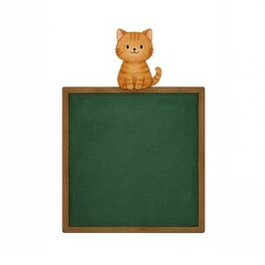 Illustration of a sitting brown cat and a chalkboard.