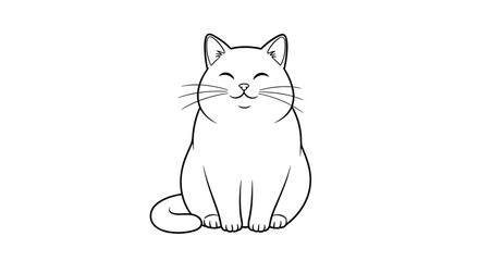 Fototapeta premium Cute and simple black and white line art illustration of a happy, smiling, fluffy cat sitting contentedly on the floor.