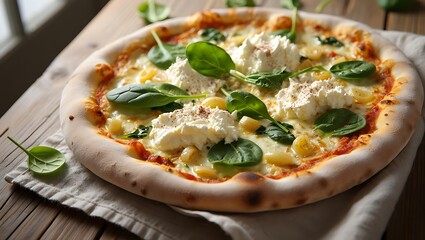 Close up of delicious pizza topped with ricotta cheese and fresh spinach leaves served on rustic wooden table for restaurant menu and culinary blog exactly two hundred characters