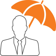 Orange Umbrella Silhouette Protects A Businessman In A White Suit And Tie Against White Background Abstract Symbol Of Security Safety Insurance And Protection