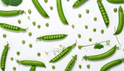 "Scattered green peas and open pods with tendrils on white background, highlighting freshness and texture."