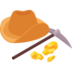 Orange Cowboy Hat and Gold Nuggets with Pickaxe on Transparent Background Western Theme