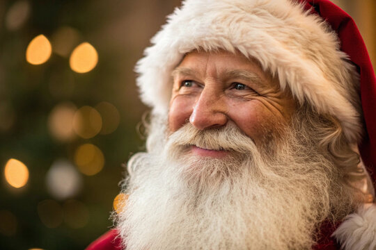 Close-up portrait of a joyful elderly man with a long white beard and red hat. His kind smile radiates benevolence, embodying the festive spirit of holiday generosity