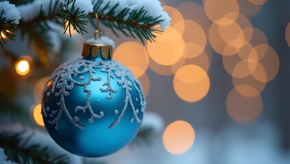 Blue Christmas Ornament with Warm Fairy Lights Bokeh — Cinematic Holiday Glow