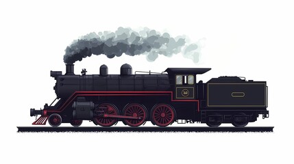 Fototapeta premium Historic railway locomotive expels dark smoke while stationary on tracks against a white background