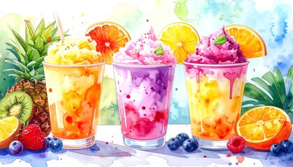Vibrant Watercolor Refreshing Fruit Smoothies and Tropical Fruits.