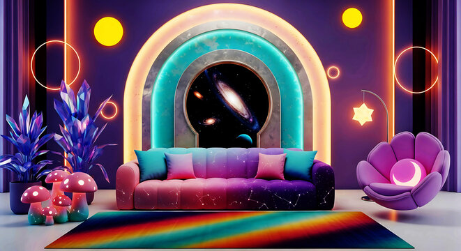 A vibrant and futuristic living space with a gradient sofa, glowing plants, mushroom decor, and a cosmic portal, creating a surreal, psychedelic interior design