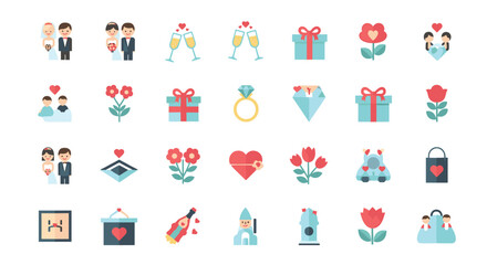 A comprehensive set of flat design wedding and romance icons in pastel colors including a bridal couple rings gifts and flowers.