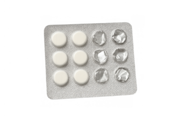 Blister pack with white pills and empty compartments on transparent background, showing medication usage and end of treatment