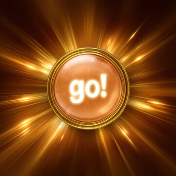 Glowing button reads "go!" framed with gold against radial beams of light
