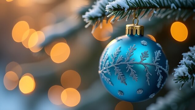 Blue Christmas Ornament with Warm Fairy Lights Bokeh — Cinematic Holiday Glow
