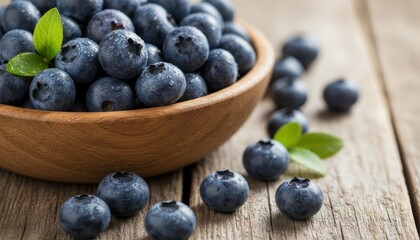 Close-up shot of fresh blueberries in a wooden bowl on a rustic wooden surface.