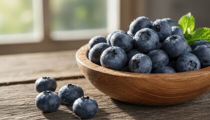 Close-up shot of a wooden bowl filled with fresh, ripe blueberries on a rustic wooden surface.