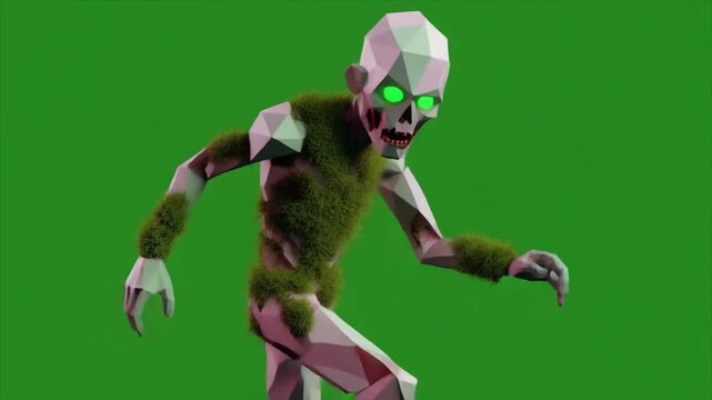 Low-poly 3D zombie creature with glowing green eyes and mossy texture on a green screen background.