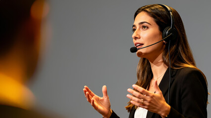 Speaker passionately shares insights while addressing audience during business conference. Modern venue sets professional atmosphere for knowledge sharing