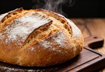 Freshly baked artisan sourdough bread loaf with steam rising on wooden cutting board