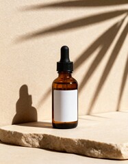 Mockup of amber glass dropper bottle with blank white label on stone podium with palm leaf shadow