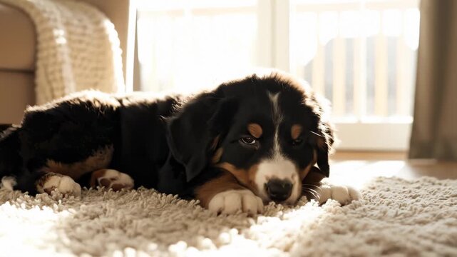 Bernese Mountain Dog Puppy Resting on a Rug in the Sunlight