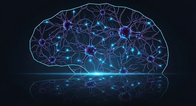 Digital Brain with Glowing Neurons and Synapses on Dark Background.