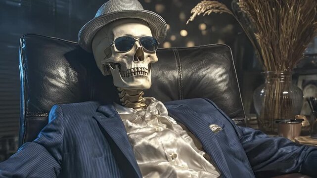 A skeleton in a pinstripe suit fedora and sunglasses lounges in a black leather armchair in a dimly lit room