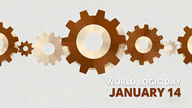 The brown gear element represents World Logic Day, the concept of thinking linkage and logical operation, and is suitable for educational public welfare and thinking training promotional materials.
