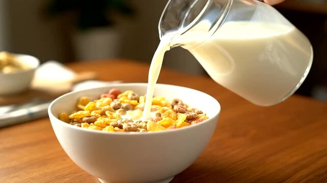 Pouring fresh milk over a delicious bowl of multigrain breakfast cereal, vibrant and nutritious