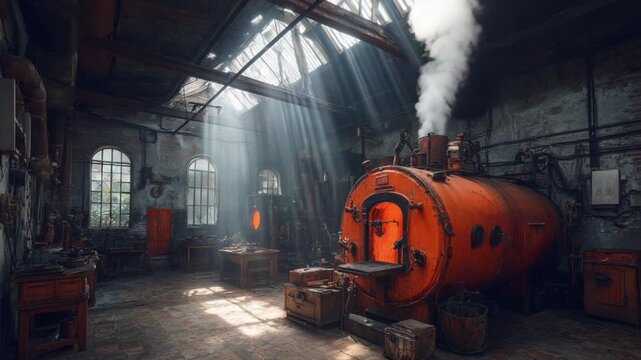 Old Industrial Boiler Room with Steam.