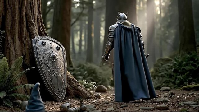 A man in armor holding a sword and shield in a forest