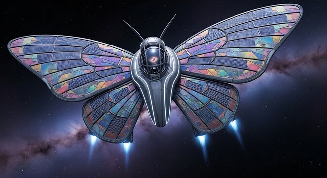 Futuristic Mechanical Butterfly Spaceship with Jet Propulsion in Nebula.