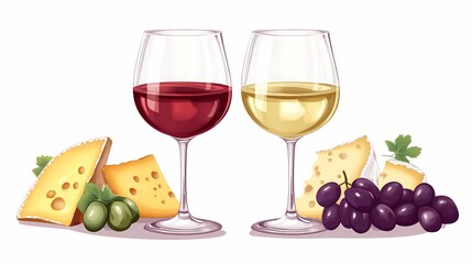 Pairings of red and white wine displayed with assorted cheeses, grapes, and olives