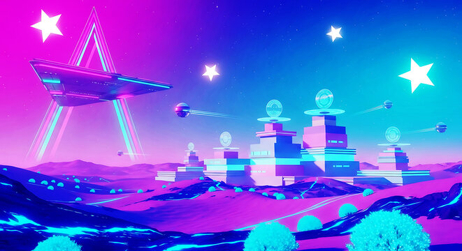 Vibrant neon retrofuturistic landscape with a large spaceship hovering over glowing abstract structures under a starry sky, evoking a dreamlike synthwave scene
