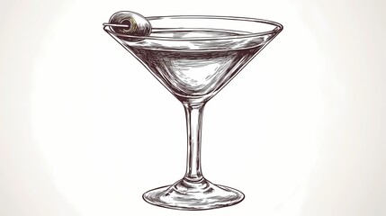 Hand drawn illustration of a classic stemmed cocktail garnished with an olive
